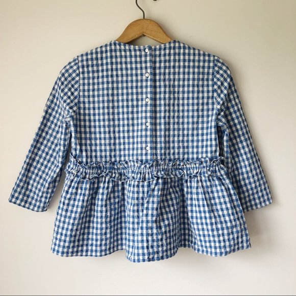 Zara Gingham White Blue Check Ruffle Top Crew Neck - Picture 3 of 9